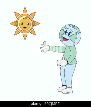 Planète drôle et soleil dans le style de bande dessinée rétro à la mode. Pouce vers le haut geste de la main jour de la Terre et Journée mondiale de l'environnement conception élément illustration vectorielle, est Illustration de Vecteur