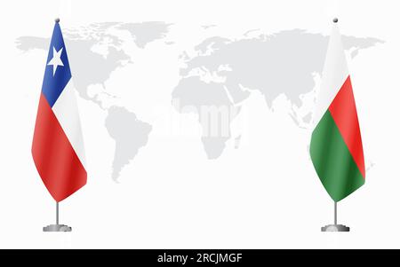 Drapeaux du Chili et de Madagascar pour la réunion officielle sur fond de carte du monde. Illustration de Vecteur