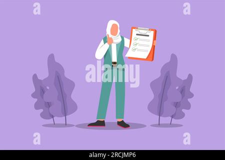 Dessin de style plat dessin de dessin de dessin femme d'affaires attrayante portant le hijab tenant le presse-papiers et faisant ou montrant les pouces vers le haut geste ou signe. Personne gardant fi Banque D'Images