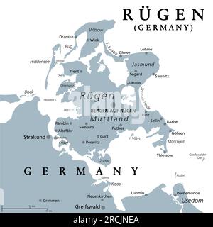 Rügen, Ruegen ou Rugia, la plus grande île d'Allemagne, carte politique grise. Situé au large de la côte de Poméranie dans la mer Baltique. Banque D'Images