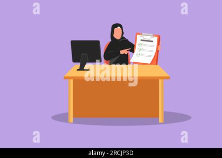 Graphisme dessin plat dessin beauté employé de banque montrant crédit bancaire, contrat de prêt ou accord hypothécaire assis au bureau avec ordinateur. Busin arabe Banque D'Images