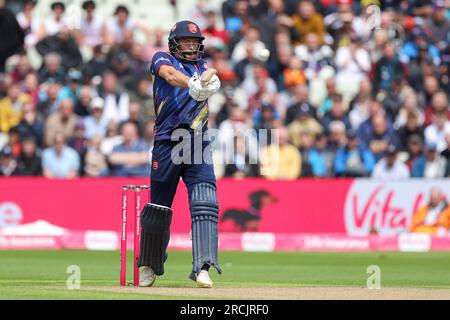 Prise à Birmingham, Royaume-Uni, le 15 juillet 2023 au Warwickshire County Cricket Club, Edgbaston. Sur la photo, Michael Pepper, le gardien de vaillerie d'Essex, en action avec la batte lors de la demi-finale Vitality Blast 2023 entre Essex et Hampshire. L'image est réservée à un usage éditorial - crédit à Stu Leggett via Alamy Live News Banque D'Images