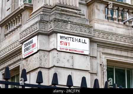 Downing Street et Whitehall, panneau de rue, ville de westminster, Londres, SW1, Angleterre, ROYAUME-UNI Banque D'Images