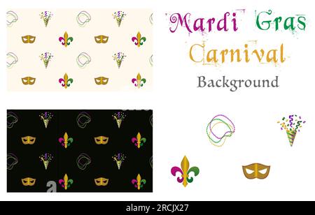 Mardi gras Carnival Seamless Pattern collection Fleur de lis, masque mascarade, perles et feux d'artifice papier peint décor isolé motif vectoriel sur lumière b Illustration de Vecteur