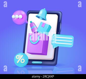 Sac d'achat en ligne et achat de produit à partir de l'écran de smartphone vecteur 3d, avec des éléments promotionnels et des cloches de notification Illustration de Vecteur
