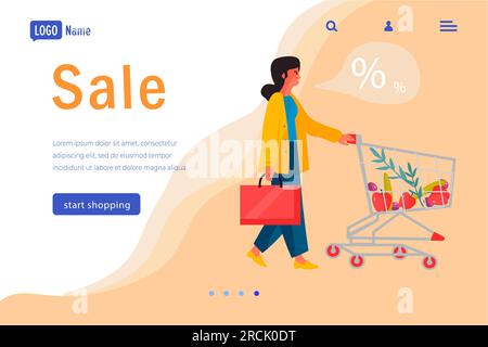 Page d'accueil achats. Femme avec chariot faisant des achats. Modèle de bannière Web. Sac de transport de personnage féminin et chariot de poussée. Achat de produits alimentaires ou cadeaux dessin animé plat illustration vectorielle isolée Illustration de Vecteur
