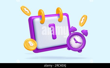 Calendrier 3D. Icônes de gestion du temps. Argent pour événement de bureau. Pièce de monnaie en dollars et calendrier mensuel. Planificateur de dates hebdomadaires. Réveil. Organisateur de rendu. Planification de l'agenda. Rappel de la date limite de financement. Concept vectoriel Illustration de Vecteur