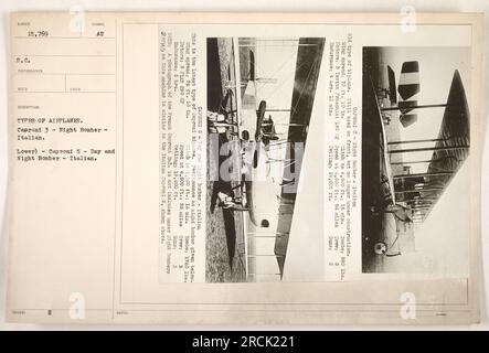 Cette photographie montre deux types de bombardiers italiens utilisés pendant la première Guerre mondiale. L'avion supérieur est un bombardier de nuit Caproni 3, avec une extension d'aile de 72 pieds. 10 po Propulsé par trois moteurs Isotta Fraschini 180 IP, il pouvait voler pendant 4 heures et 15 minutes et transporter 1 760 livres de bombes. L'avion inférieur est un bombardier Caproni 5 diurne et nocturne, avec une extension d'aile de 76 pieds. 10 po Il avait deux moteurs Fiat de 290 ch, une vitesse de pointe de 84 miles par heure, et une capacité de bombe de 880 livres La taille de l'équipage pour les deux modèles était de trois. Banque D'Images