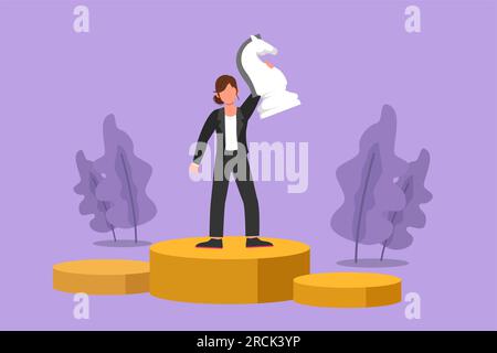 Personnage plat dessin de femme d'affaires compétitive tenant, soulevant la pièce d'échecs de chevalier. Tactiques d'entrepreneuriat réussies, stratégie, supériorité en bu Banque D'Images