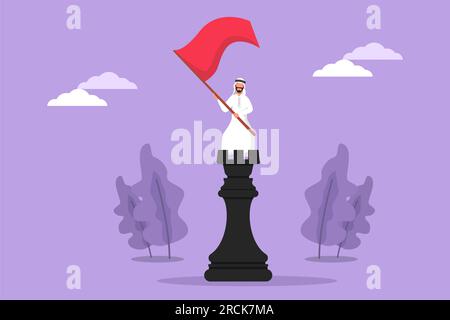 Graphique design plat dessinant homme d'affaires arabe debout sur le dessus de la grande tour d'échecs, agitant un drapeau. Leadership réussi. Réussite commerciale. Stratégie Winni Banque D'Images