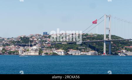 Parc Fethi Pasa Korusu à Uskudar avec vue sur le pont Martrys du 15 juillet alias pont du Bosphore et mosquée Ortakoy. Istanbul, Turquie Banque D'Images