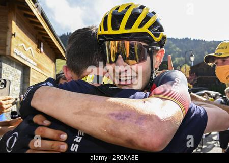 Espagnol Carlos Rodriguez d'Ineos Grenadiers célèbre après avoir remporté la 14e étape du Tour de France cycliste, d'Annemasse à Morzine les portes du Soleil (151, 8 km), France, samedi 15 juillet 2023. Le Tour de France de cette année aura lieu du 01 au 23 juillet 2023. BELGA PHOTO POOL NICO VEREECKEN crédit : Belga News Agency/Alamy Live News Banque D'Images