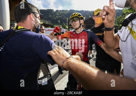 Espagnol Carlos Rodriguez d'Ineos Grenadiers célèbre après avoir remporté la 14e étape du Tour de France cycliste, d'Annemasse à Morzine les portes du Soleil (151, 8 km), France, samedi 15 juillet 2023. Le Tour de France de cette année aura lieu du 01 au 23 juillet 2023. BELGA PHOTO POOL NICO VEREECKEN crédit : Belga News Agency/Alamy Live News Banque D'Images