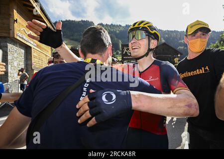 Espagnol Carlos Rodriguez d'Ineos Grenadiers célèbre après avoir remporté la 14e étape du Tour de France cycliste, d'Annemasse à Morzine les portes du Soleil (151, 8 km), France, samedi 15 juillet 2023. Le Tour de France de cette année aura lieu du 01 au 23 juillet 2023. BELGA PHOTO POOL NICO VEREECKEN crédit : Belga News Agency/Alamy Live News Banque D'Images