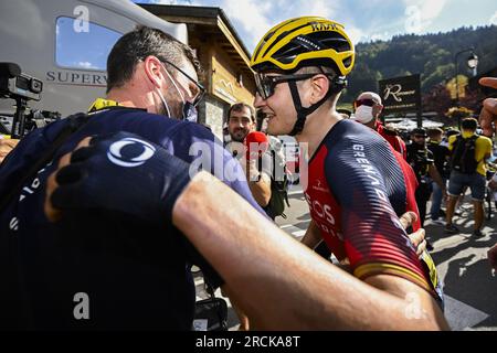 Espagnol Carlos Rodriguez d'Ineos Grenadiers célèbre après avoir remporté la 14e étape du Tour de France cycliste, d'Annemasse à Morzine les portes du Soleil (151, 8 km), France, samedi 15 juillet 2023. Le Tour de France de cette année aura lieu du 01 au 23 juillet 2023. BELGA PHOTO POOL NICO VEREECKEN crédit : Belga News Agency/Alamy Live News Banque D'Images