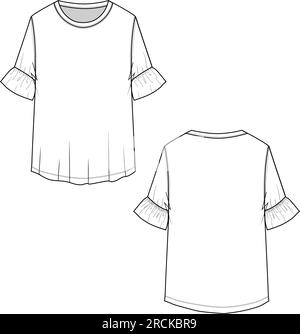 Décontracté col rond manches fantaisie T-shirt à volants haut technique dessin plat Illustration de Vecteur