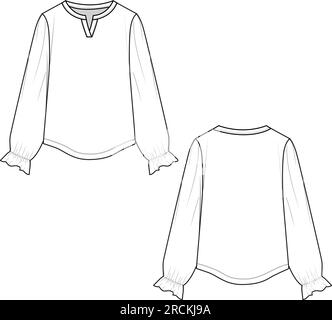 Mode col cranté manches longues ourlet fronçant chemisier haut dessin technique modèle de conception vectorielle à dessin plat Illustration de Vecteur