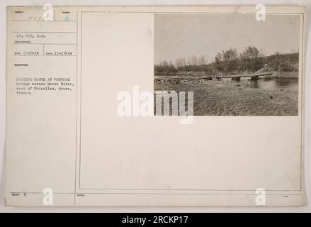 Des soldats stationnés à Brieulles, Meuse, France, observent un pont flottant sur la Meuse. La photographie a été prise le 16 novembre 1918. L'image capture les activités militaires pendant la première Guerre mondiale, montrant spécifiquement l'infrastructure construite pour soutenir les mouvements de troupes dans la région. Banque D'Images