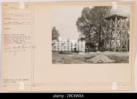 Légende : le soldat L. P. Goldshlag, S.C., a photographié la vue générale de la première station de filtration américaine en France, destinée à être utilisée par l'A.E.P. Champ d'approvisionnement en aviation à Romorantin, France, le 8 juin 1918. La photographie montre une vue de premier plan d'un treif Mott Shaw, et elle a été publiée après avoir passé l'inspection par l'A.E.P. Censurer le 2 juillet 1918. Banque D'Images