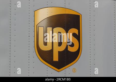 Northumberland, États-Unis. 15 juillet 2023. Le logo UPS est vu sur une remorque près de Northumberland, Pennsylvanie, le 15 juillet 2023. (Photo de Paul Weaver/Sipa USA) crédit : SIPA USA/Alamy Live News Banque D'Images