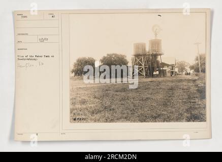 La photographie prise le 9/1/1917 montre une vue dégagée du réservoir d'eau situé au quartier général à Hampton, en Virginie. Cette image est numérotée 111-SC-3385 et a été prise par le photographe Recollection Description à l'intérieur, comme indiqué sur les notes au dos de la photo identifiée avec les codes 3385 et A210. Banque D'Images