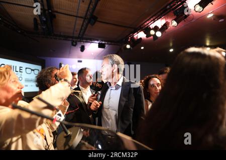 Madrid, Espagne. 15 juillet 2023. L'ancien président du gouvernement espagnol, José Luis Rodriguez Zapatero, s'adresse à la presse après l'événement à Casa de América. Profitant de la visite à Madrid du Président de la République du Chili. Gabriel Boric, Casa de América et l'ambassade du Chili à Madrid ont organisé un acte commémorant le prochain 50e anniversaire du coup d'État dans ce pays sud-américain intitulé : « mémoire et avenir 50 ans après le coup d'État ». Coup d'État dirigé par le général Augusto Pinochet contre le président Salvador Allende. Banque D'Images