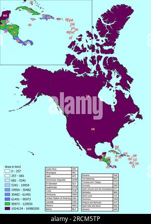 Carte de l'Amérique du Nord avec les pays classés par zone Banque D'Images