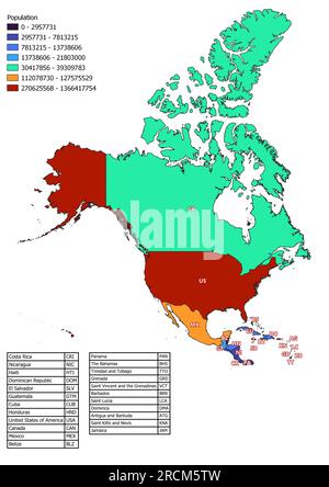 La carte de l'Amérique du Nord classée par le nombre d'habitants des pays Banque D'Images