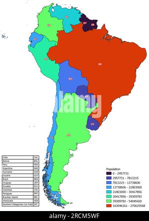 La carte de l'Amérique du Sud classée par le nombre d'habitants des pays Banque D'Images