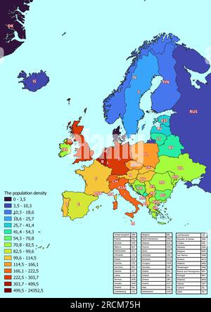 Carte de l'Europe avec les pays classés par densité de population Banque D'Images