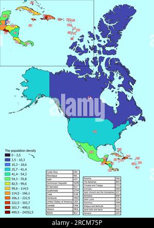 Carte de l'Amérique du Nord avec les pays classés par densité de population Banque D'Images