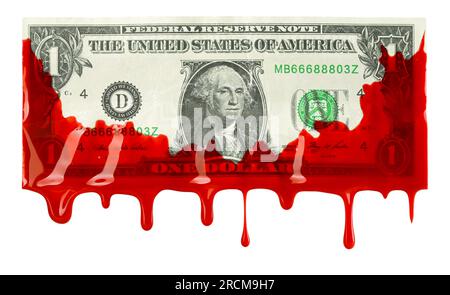 Billet de dollar américain couvert et coulant de sang rouge. Montrer de la cupidité d'entreprise, de la corruption ou un crime. Banque D'Images