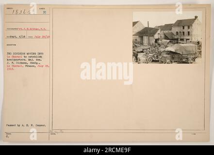 Légende de l'image : « les membres de la 3e division de l'armée américaine s'installent au Charmel, en France, le 28 juillet 1918 pour y établir leur quartier général. Major général J.P. Dickman est vu à la tête du convoi. La photographie a été prise par le soldat J.E. Gibbon et plus tard approuvé par le censeur de l'A.E.F. ». Banque D'Images