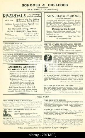 Schools and Colleges New York City, annonce dans un magazine août 1932 Banque D'Images