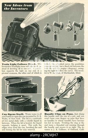 Nouvelles idées des inventeurs : train phare, ouvre-boîte, poignées clips sur les casseroles. Magazine Popular Science, États-Unis, février 1949 Banque D'Images