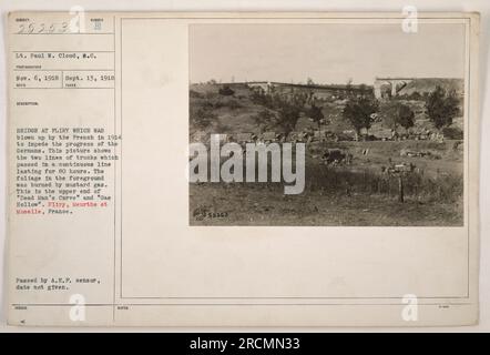 Légende : 'Pont à Fliry, Meurthe et Moselle, France, détruit par les Français en 1914 pour empêcher les Allemands. Camions passant pendant 80 heures, au milieu du feuillage brûlé par le gaz moutarde. Extrémité supérieure de 'Dead Man's Curve' et 'Gas Hollow'. Photographié par le lieutenant Paul W. Cloud, 13 septembre 1918.' Banque D'Images