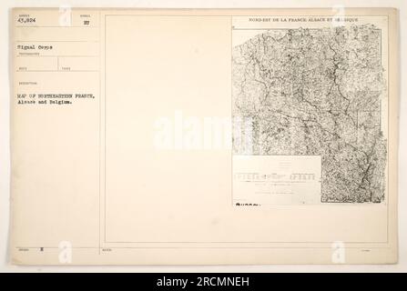 Photographie montrant une carte du nord-est de la France, y compris l'Alsace et la Belgique, avec des marques et des symboles indiquant des positions militaires stratégiques pendant la première Guerre mondiale. Cette image a été prise par le signal corps et a été publiée sous le numéro de source 111-SC-43824. Banque D'Images