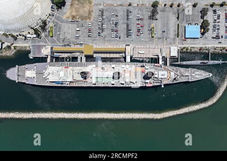 Une vue aérienne générale du Queen Mary, vendredi 14 juillet 2023, à long Beach, Etalonnage Banque D'Images