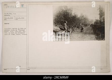 Des soldats de la compagnie M, 61e infanterie, 5e division, peuvent être vus camper dans un type d'abri connu sous le nom de 'Elephant Back' à Cunal, Meuse, France. La photographie a été prise le 26 février 1919 par le lieutenant Wm. FOS, S.C. Banque D'Images