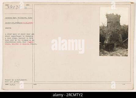 'Souche d'arbre en tôle et acier utilisée par les Allemands comme poste d'observation près de Regnie-ville, Meurthe et Moselle, France pendant la première Guerre mondiale Photographie prise par le sergent Villanova, S.C. le 12 novembre 1918. Image transmise par A.E.F. Censor. Photo de la collection de photographies des activités militaires américaines pendant la première Guerre mondiale. Banque D'Images