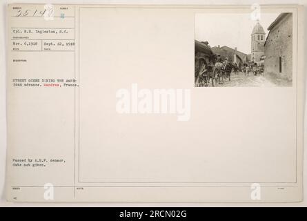 CPL. DROIT Ingleston des États-Unis Army signal corps a capturé cette photographie, numérotée 111-SC-25149, le 6 novembre 1918 ou le 12 septembre 1918. La scène représente une rue de Mandres, en France, pendant l'avance américaine pendant la première Guerre mondiale. La photographie a été approuvée par le censeur de l'A.E.P. bien que la date exacte soit inconnue. Les notes émises indiquent un total de 200 impressions. Banque D'Images