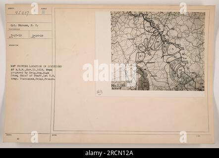 Une carte montrant l'emplacement des divisions des Forces expéditionnaires américaines (A.E.F.) le 6 novembre 1918. La carte a été préparée par Brig. Général Hugh Drum, chef d'état-major, 1st Army U.S.A., à Vincennes, Seine, France. La description de la photographie a été émise le 27 mars 1919 et a été prise par le caporal Bhrens. Banque D'Images