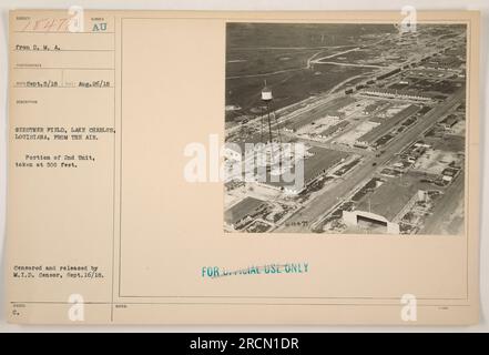 Vue aérienne de Gerstner Field à Lake Charles, Louisiane, pendant la première Guerre mondiale. La photographie a été prise le 26 août 1918, à une hauteur de 500 pieds. L'image a été censurée et diffusée par le M.I.D. Censurer le 16 septembre 1918. Remarque : cette image est destinée à un usage officiel seulement. Banque D'Images