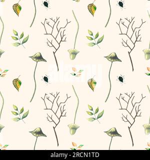 Aquarelle modèle sans couture avec des feuilles de forêt sauvage d'automne, herbes de myrtille, toadstools, branche, bug illustration dessinée à la main sur fond beige Banque D'Images