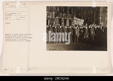 Les membres du 322nd signal Battalion se rassemblent autour d'un étendard qui leur est présenté par le lieutenant-colonel S. Behm, ancien commandant du bataillon. La photo a été prise à Coblenz, en Prusse rhénane, en Allemagne, le 11 janvier 1919. Banque D'Images