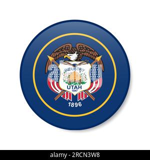 Icône de bouton de cercle de drapeau de l'Utah, badge rond de l'état américain avec ombre. Illustration vectorielle réaliste 3D isolée sur blanc. Illustration de Vecteur