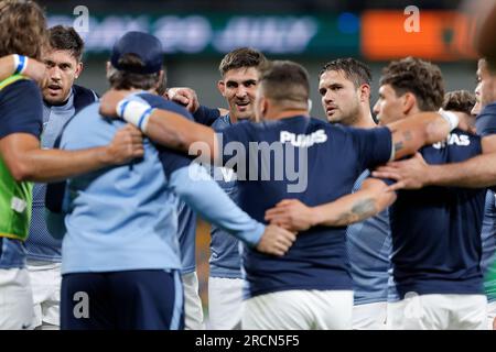 Sydney, Australie. 15 juillet 2023. Les joueurs argentins se blottissent pendant l'échauffement avant le match du championnat de rugby eToro 2023 entre l'Australie et l'Argentine au CommBank Stadium le 15 juillet 2023 à Sydney, Australie Credit : IOIO IMAGES/Alamy Live News Banque D'Images