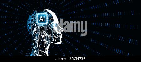 IA - intelligence artificielle. Cerveau numérique IA. Visage humain avec motif de circuit sur fond de code binaire. Silhouette robotique humanoïde. Technologie mal Banque D'Images