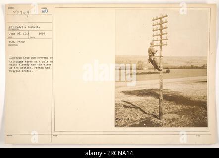 Soldats américains travaillant sur des fils téléphoniques le long d'un poteau qui a également des fils des armées britannique, française et belge pendant la première Guerre mondiale. Cette photo, prise à Kummer en 1918, montre la coopération et la coordination entre les différentes forces alliées dans l'effort de guerre. Banque D'Images