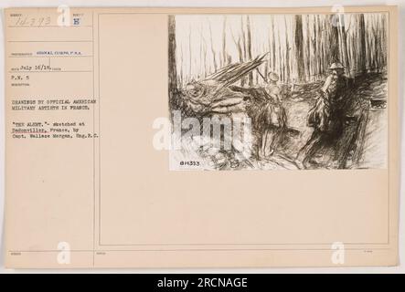 Légende : « soldats en état d'alerte à Badonviller, en France, pendant la première Guerre mondiale. Le sketch intitulé « The Alert » dépeint l'état de préparation et la vigilance du personnel militaire américain, capturé par le capitaine Wallace Morgan, un artiste militaire officiel. Cette image illustre le dévouement et la détermination des soldats en pleine guerre. » Banque D'Images